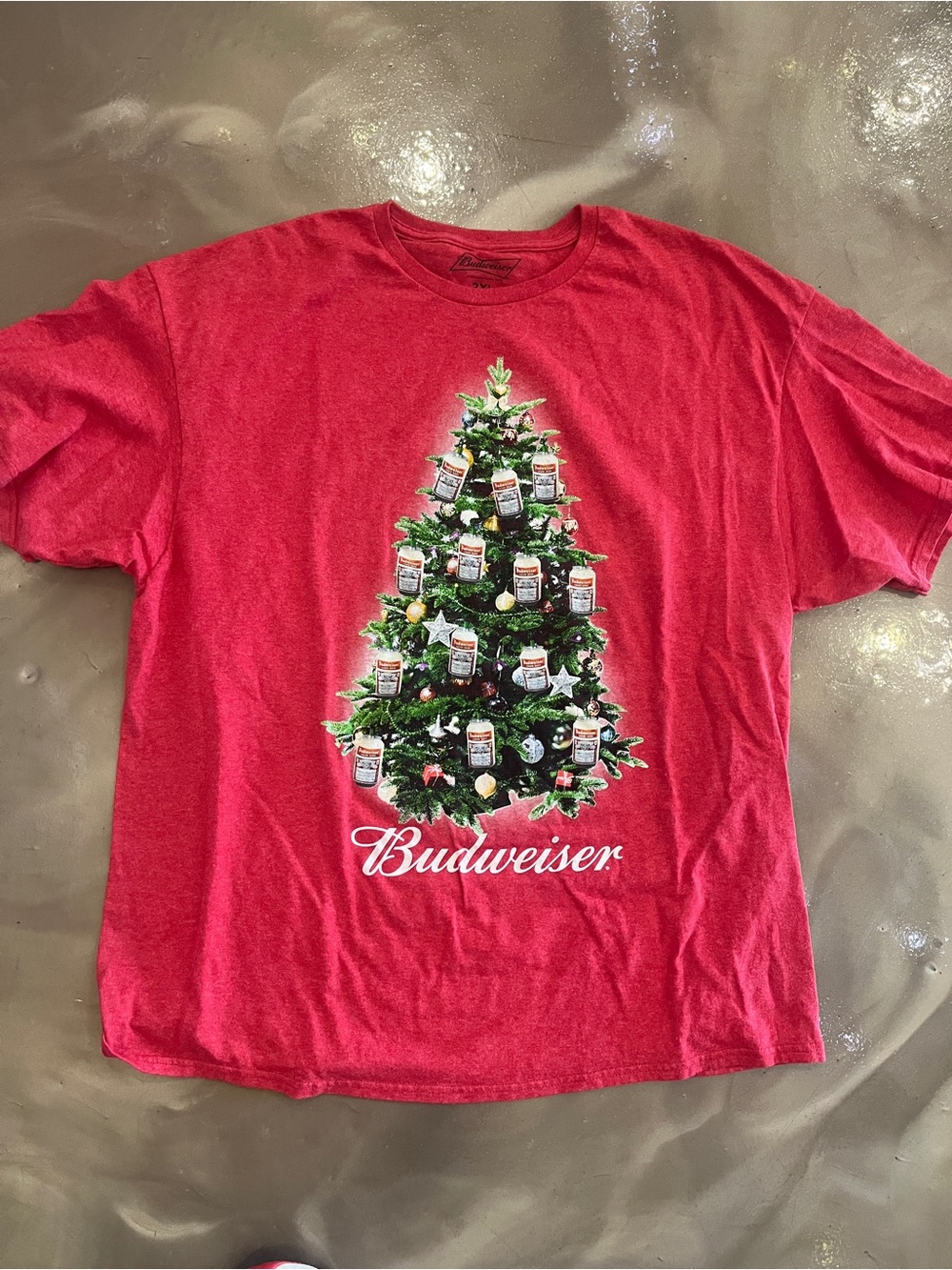 Budweiser Red Short Sleeve Tee with Christmas Tree Graphic